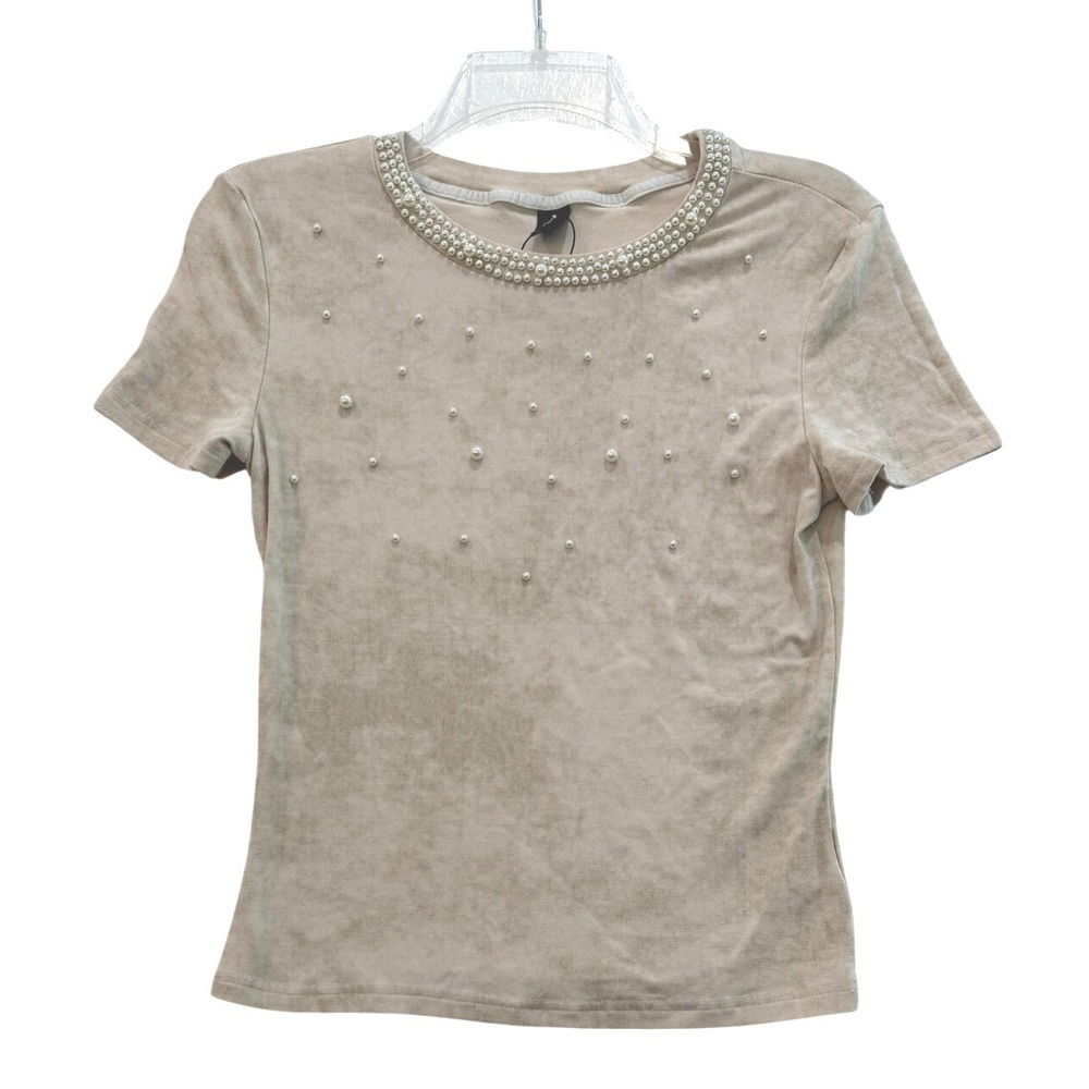 Anewsta Beige Ribbed Knit Faux Pearl Embellished Short Sleeve Top Women's Size 6